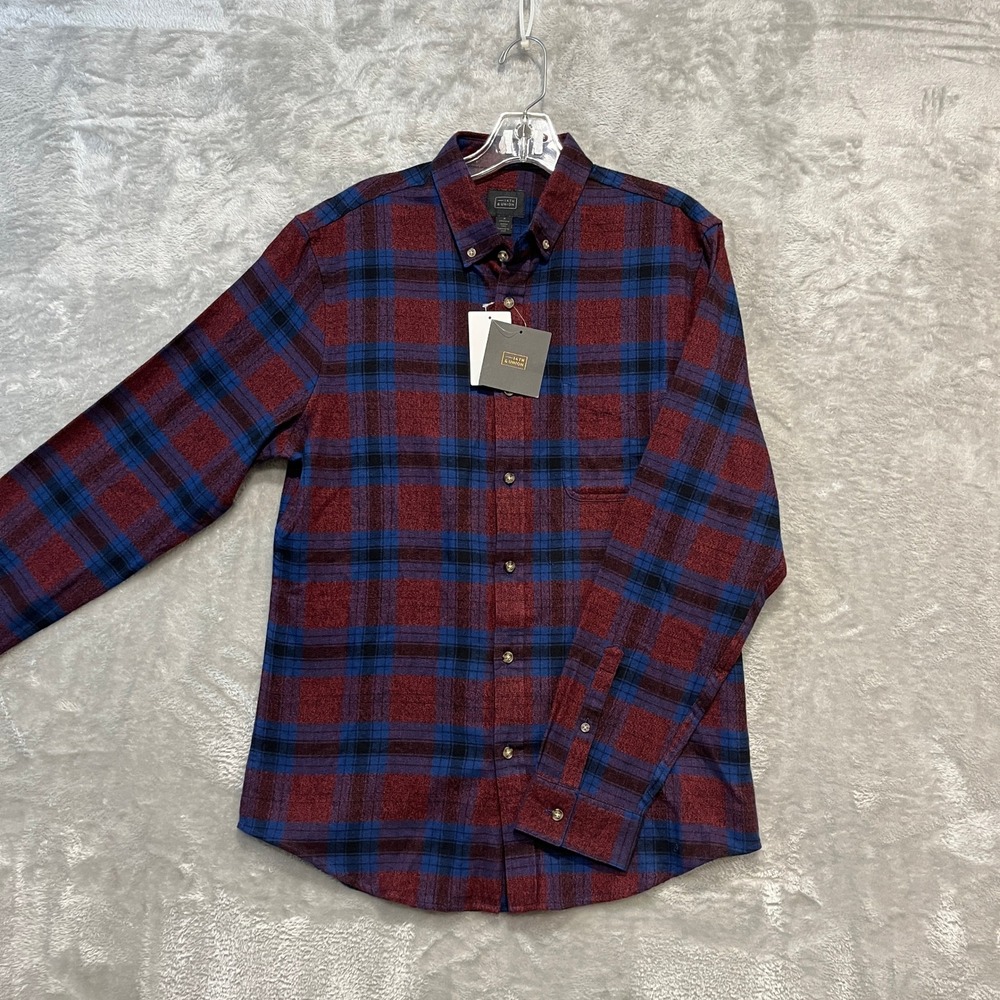 14th & Union Flannel Shirt Mens M Burgundy Blue Plaid Button Down Cotton New